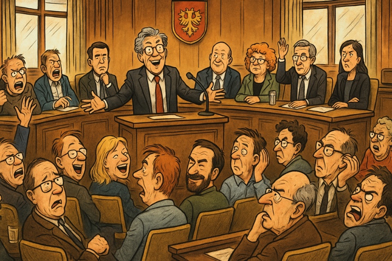 Grafik: Demokratie mit Schirm, Charme und Tagesordnung