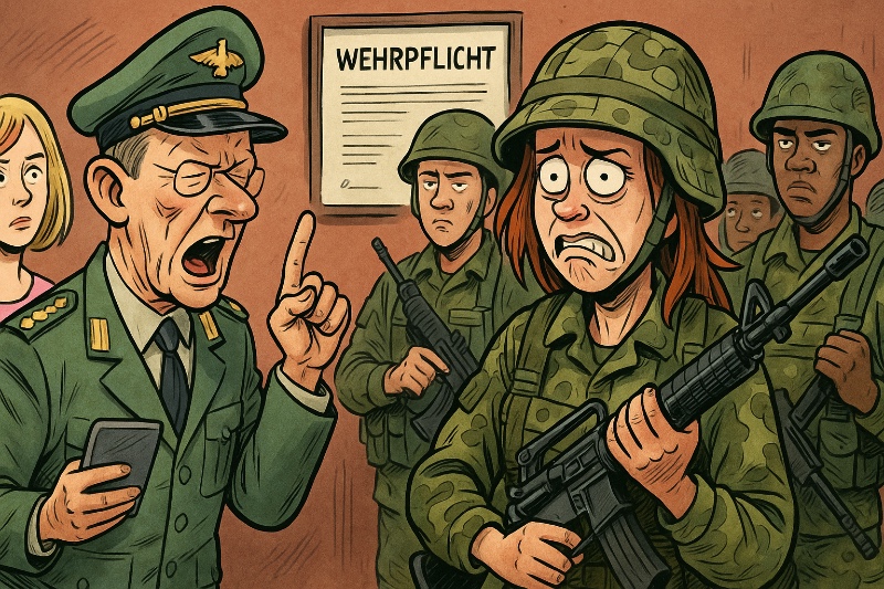 Grafik: Die Emanzipation hat gesiegt, wenn auch sie mit Schlamm im Gesicht durch die Kaserne robben dürfen.