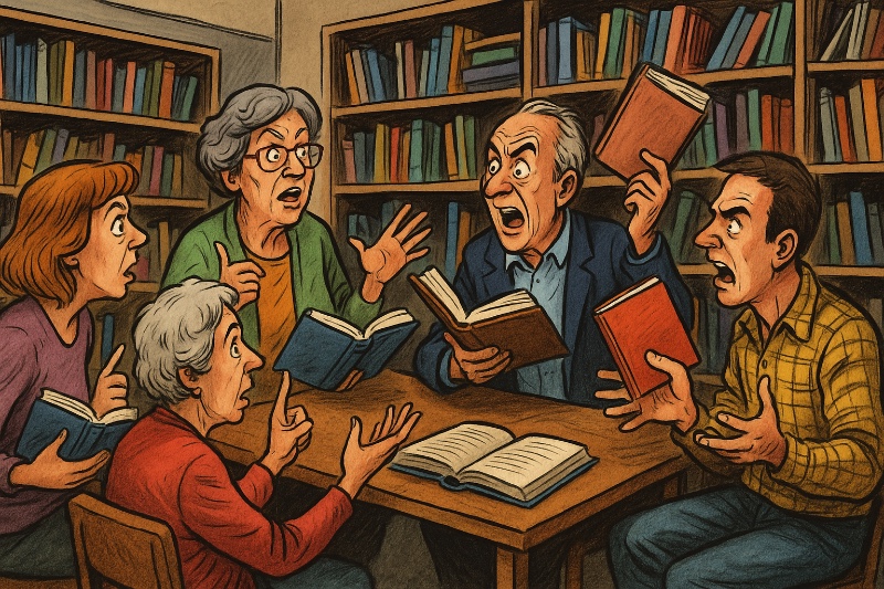 Grafik: Ahlen gründet den Lesekreis der Zukunft – Demokratie zwischen Regalfach 7b und Staubschicht