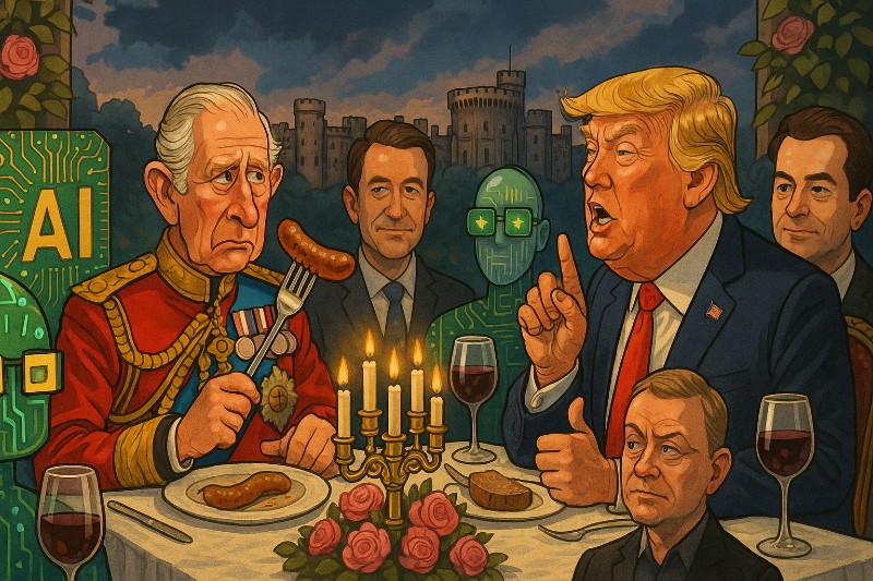 Grafik: Windsor, Würstchen & Wahre Weltmacht: Wenn König, Premier und Präsident nur Staffage fürs KI-Bankett sind