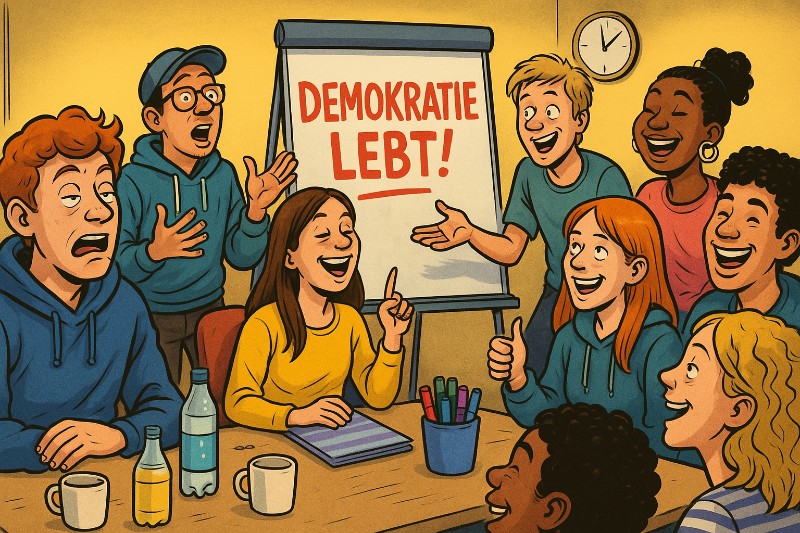 Grafik: Demokratie lebt – und trinkt Apfelschorle in der VHS