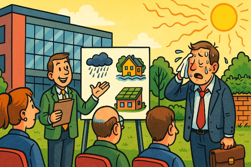 Grafik: Klimaanpassung vor der Tür – Jetzt auch mit Gratis-Kaffee und Starkregen-Option!