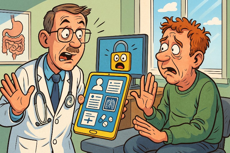 Grafik: Digitaler Striptease beim Hausarzt – Die ePA zieht blank!