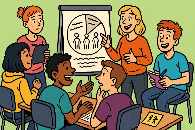 Grafik: Gruppenleitung mit PowerPoint und Pizza – Warendorf bildet die Chefs von morgen aus!