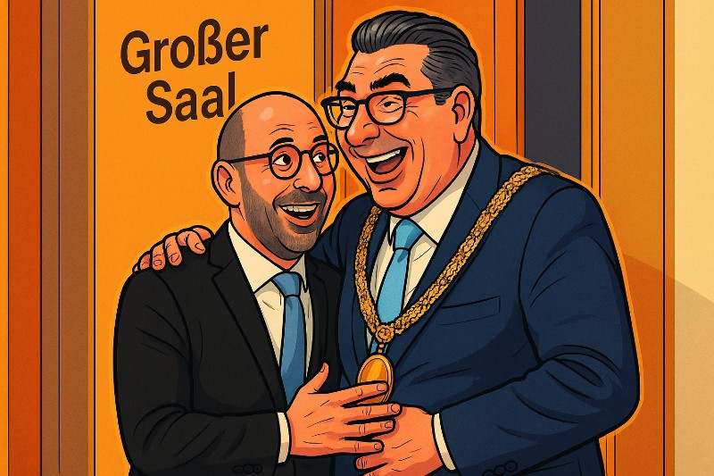 Grafik: Ahlen sagt Adieu – Bürgermeister verlässt das Rathaus mit Applaus, Akten und einer Prise Pathos