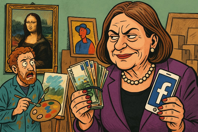 Grafik: Mona Lisa trifft Facebook – Wie eine falsche Kunsthändlerin 100 Künstler zur Pinselspende überredete