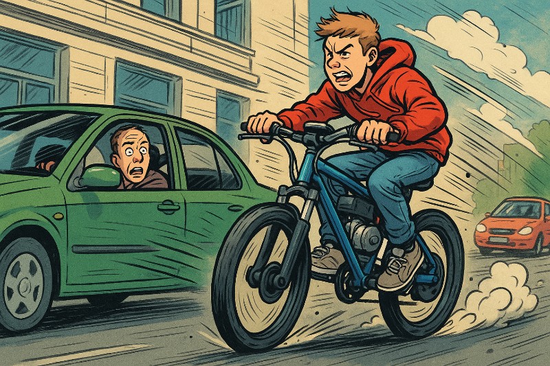 Grafik: Turbo-Teen auf der Überholspur – Wenn das Fahrrad plötzlich Machtgefühle entwickelt