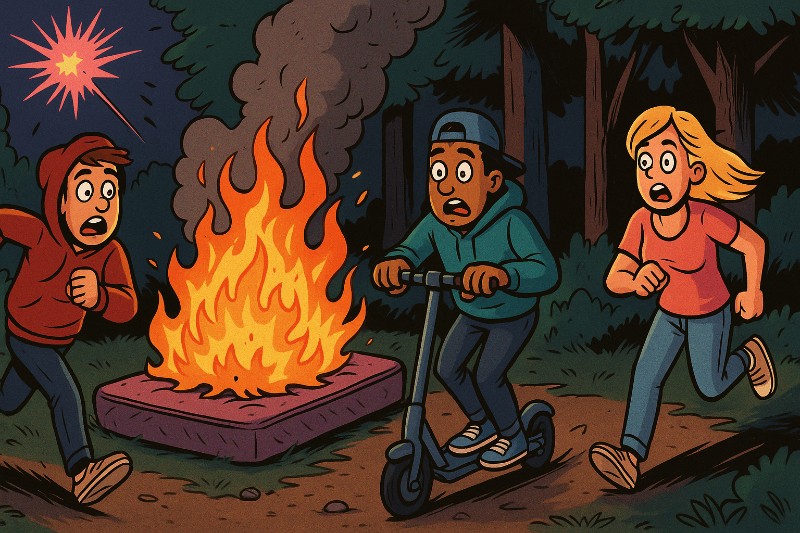 Grafik: Brennende Matratze im Funpark – Wenn Jugendliche und Pyrotechnik auf Natur treffen