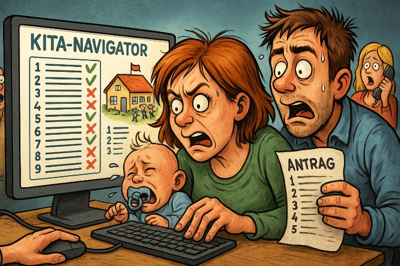 Grafik: Der große Kita-Krieg 2026 – Eltern navigieren durchs Betreuungsdschungelcamp