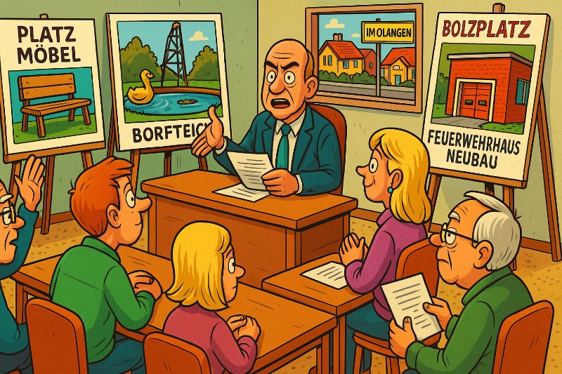 Grafik: Dolberg tagt: Wenn Sitzmöbel flexibel, Teiche durstig und Straßen poetisch werden