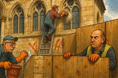 Grafik: Wenn Sandstein Wellness bekommt – Münsters Rathaus im Beauty-Spa der Geschichte