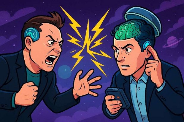 Grafik: Make Brain Chips Great Again – jetzt auch mit Sam Altman im Kopf-Krieg!