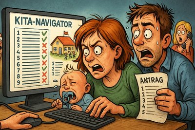 Grafik: Der große Kita-Krieg 2026 – Eltern navigieren durchs Betreuungsdschungelcamp