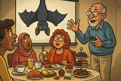 Grafik: Fledermaus trifft Frauenfrühstück – Wenn Umweltschutz auf Eierlikörkuchen fliegt
