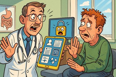 Grafik: Digitaler Striptease beim Hausarzt – Die ePA zieht blank!