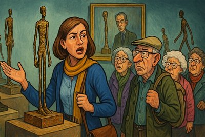 Grafik: VHS Ahlen auf großer Kunstfahrt – Zwischen Kaffee, Kultur und kilometerlangen Menschenfiguren