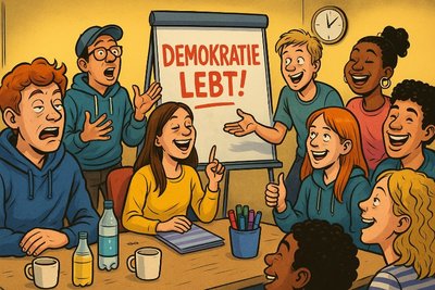 Grafik: Demokratie lebt – und trinkt Apfelschorle in der VHS