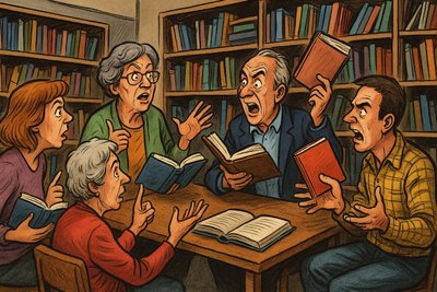 Grafik: Ahlen gründet den Lesekreis der Zukunft – Demokratie zwischen Regalfach 7b und Staubschicht