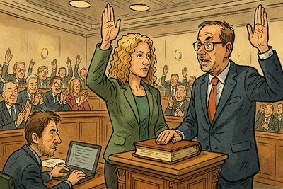 Grafik: Abschied, Amtseid und Applaus im Demokratie-Varieté