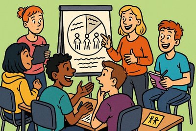 Grafik: Gruppenleitung mit PowerPoint und Pizza – Warendorf bildet die Chefs von morgen aus!