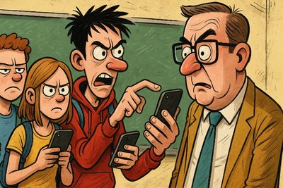 Grafik: Handyfreie Heuchelei – Schüler fordern Gleichheit vor dem Display