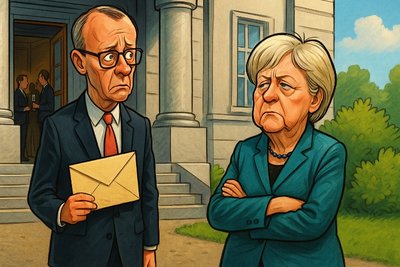 Grafik: Merz serviert Kuchen ohne die Ex-Kanzlerin