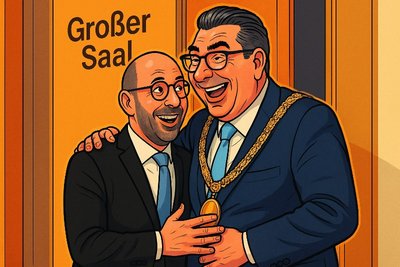 Grafik: Ahlen sagt Adieu – Bürgermeister verlässt das Rathaus mit Applaus, Akten und einer Prise Pathos