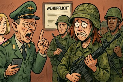 Grafik: Die Emanzipation hat gesiegt, wenn auch sie mit Schlamm im Gesicht durch die Kaserne robben dürfen.