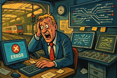 Grafik: Bahn frei für Chaos – Kölns Hauptbahnhof wird zum Software-Abenteuerpark